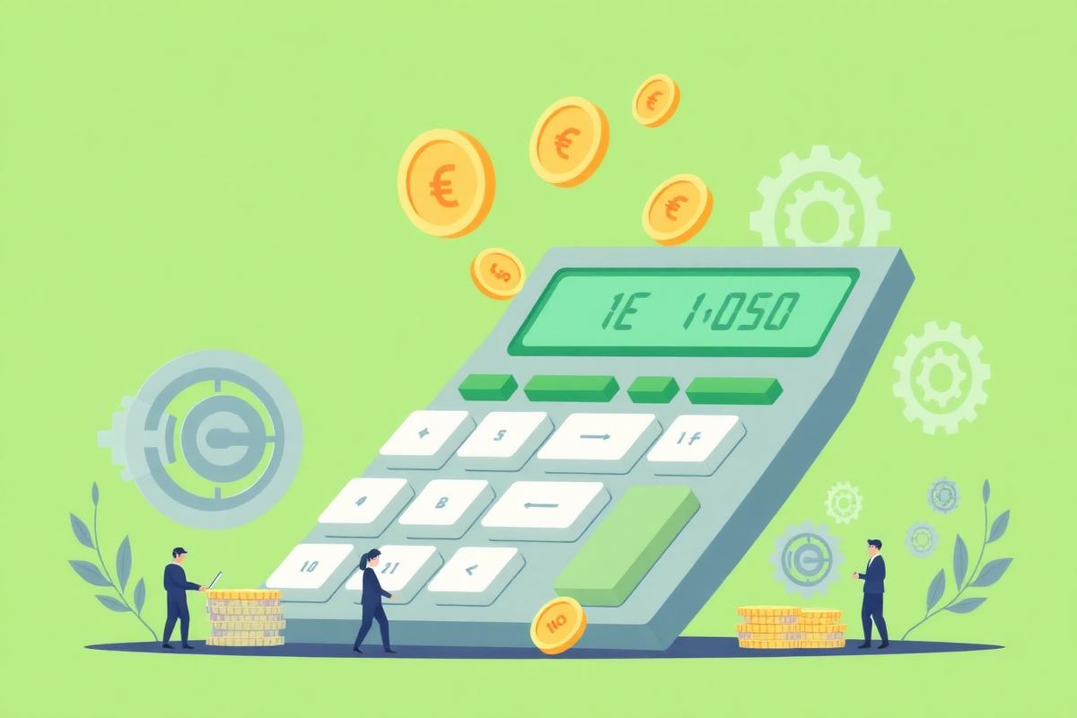 Cartoon calculator with euro coins and software gears