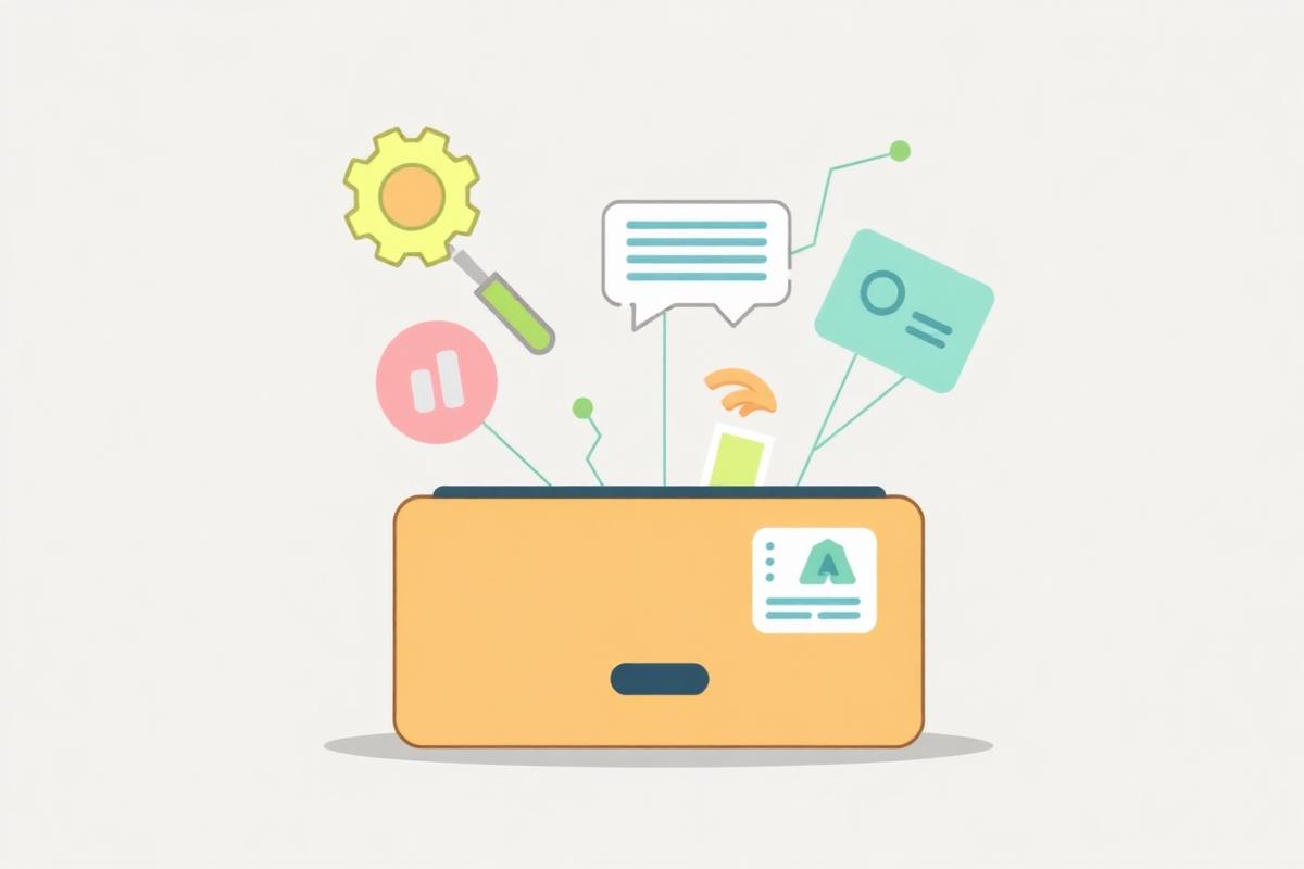 Open digital toolbox with floating product and software tools